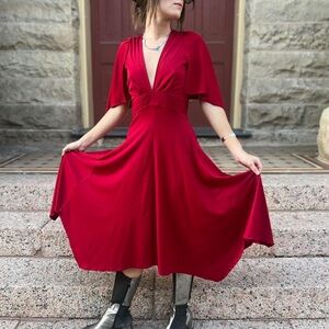 Vintage 70s Jody T of California Red Handkerchief Midi Dress
